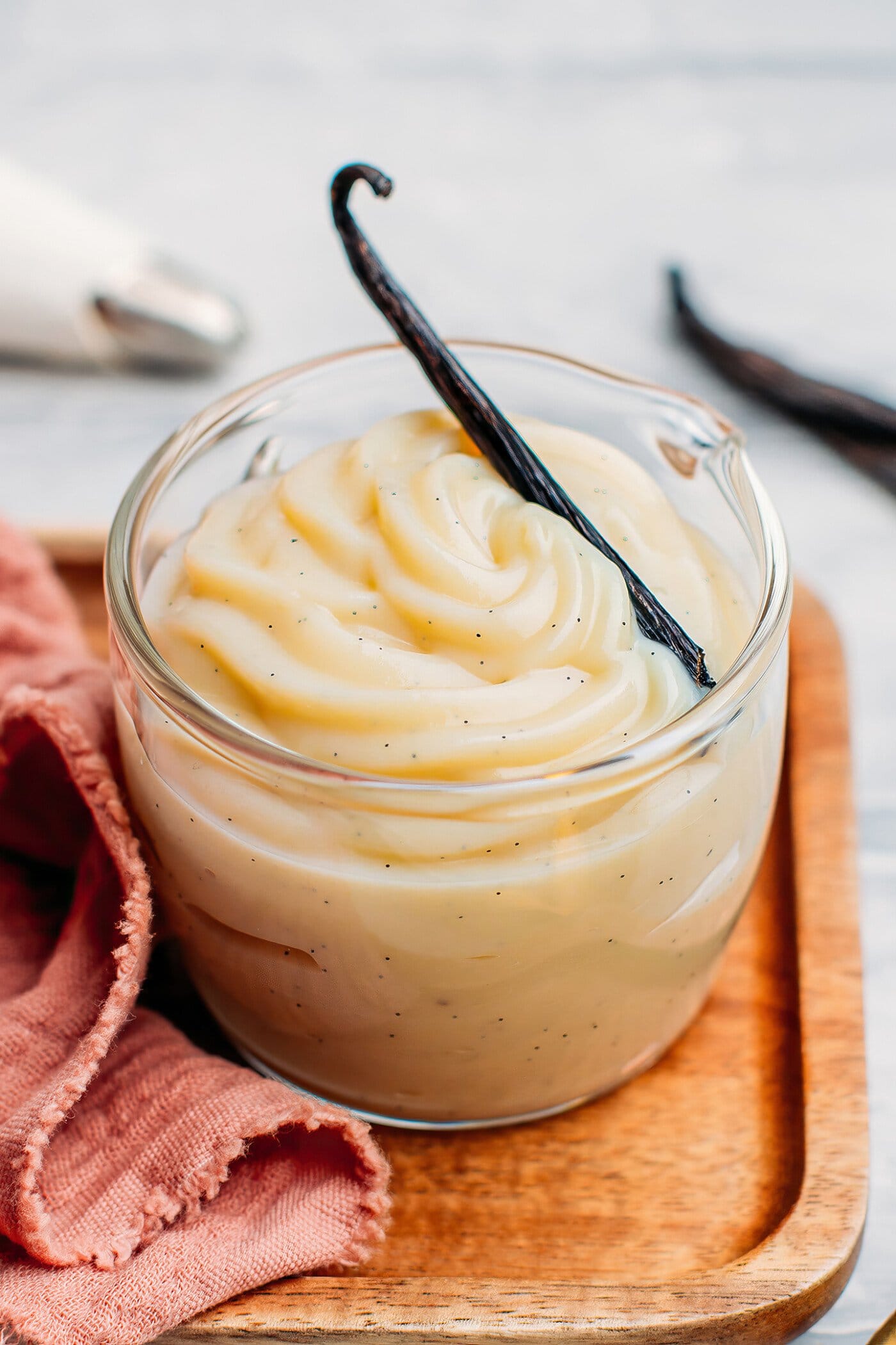 Vegan pastry cream in a glass container.