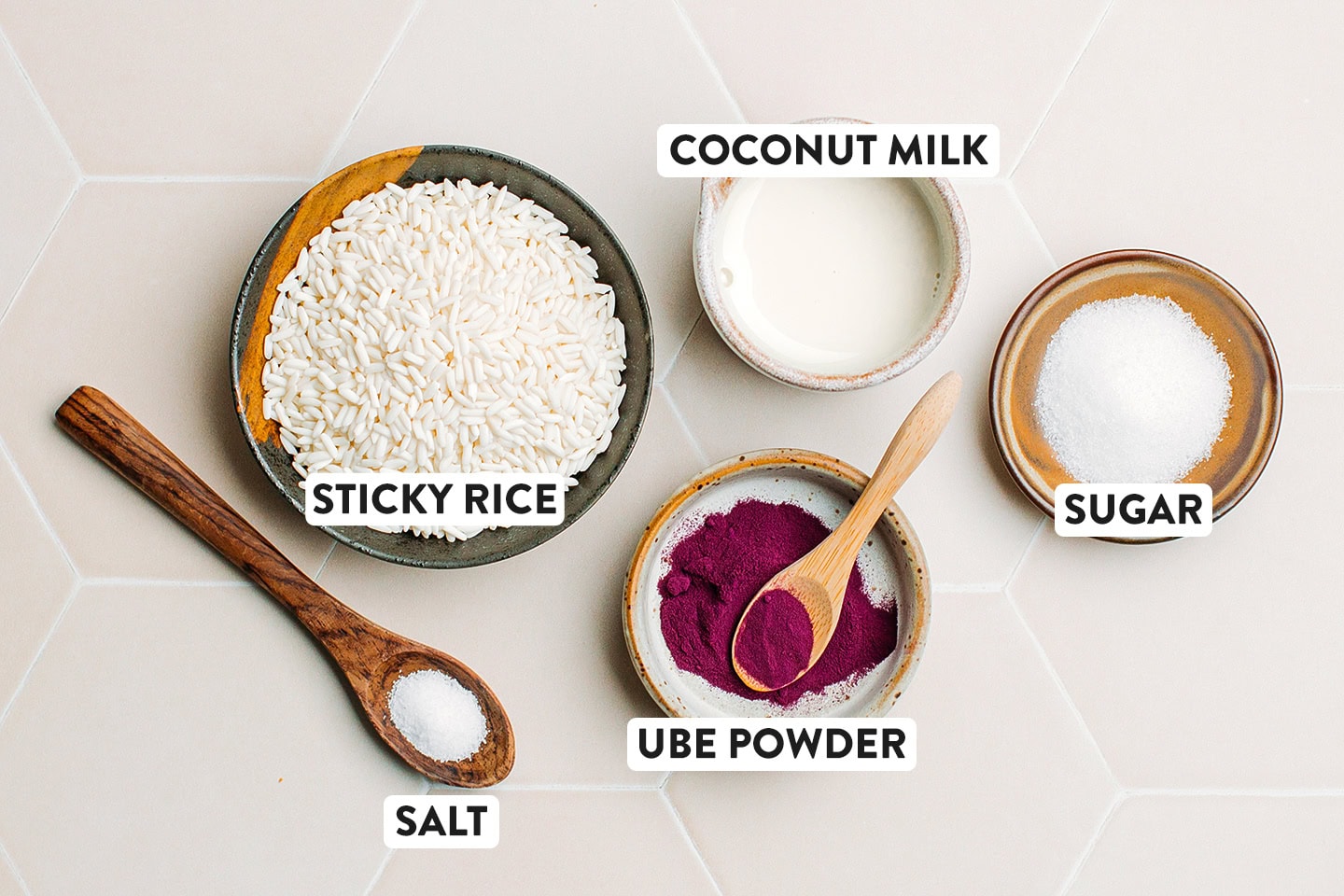 Ingredients like sticky rice, ube powder, and coconut milk.