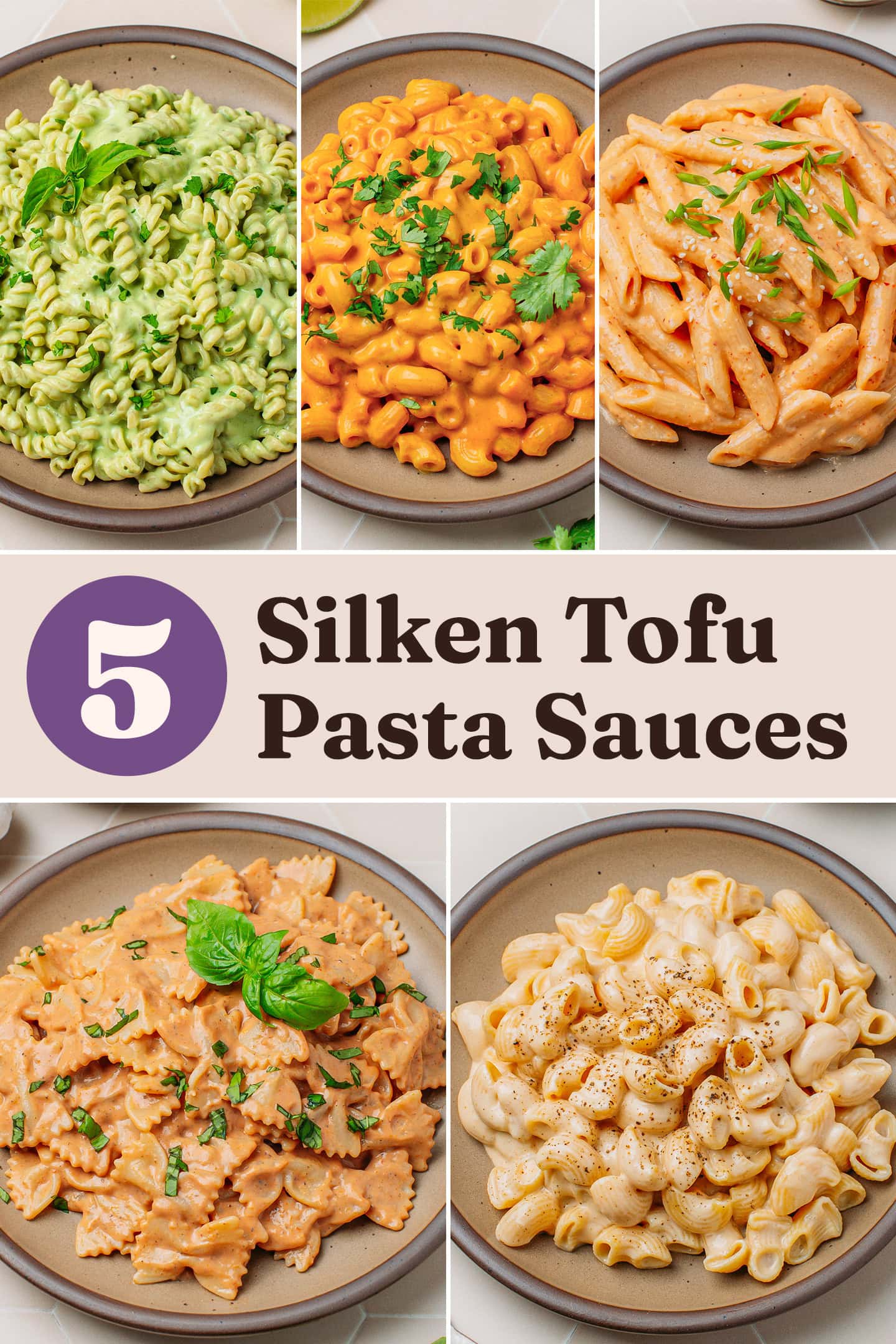 Five plates filled with pasta tossed with silken tofu sauces.