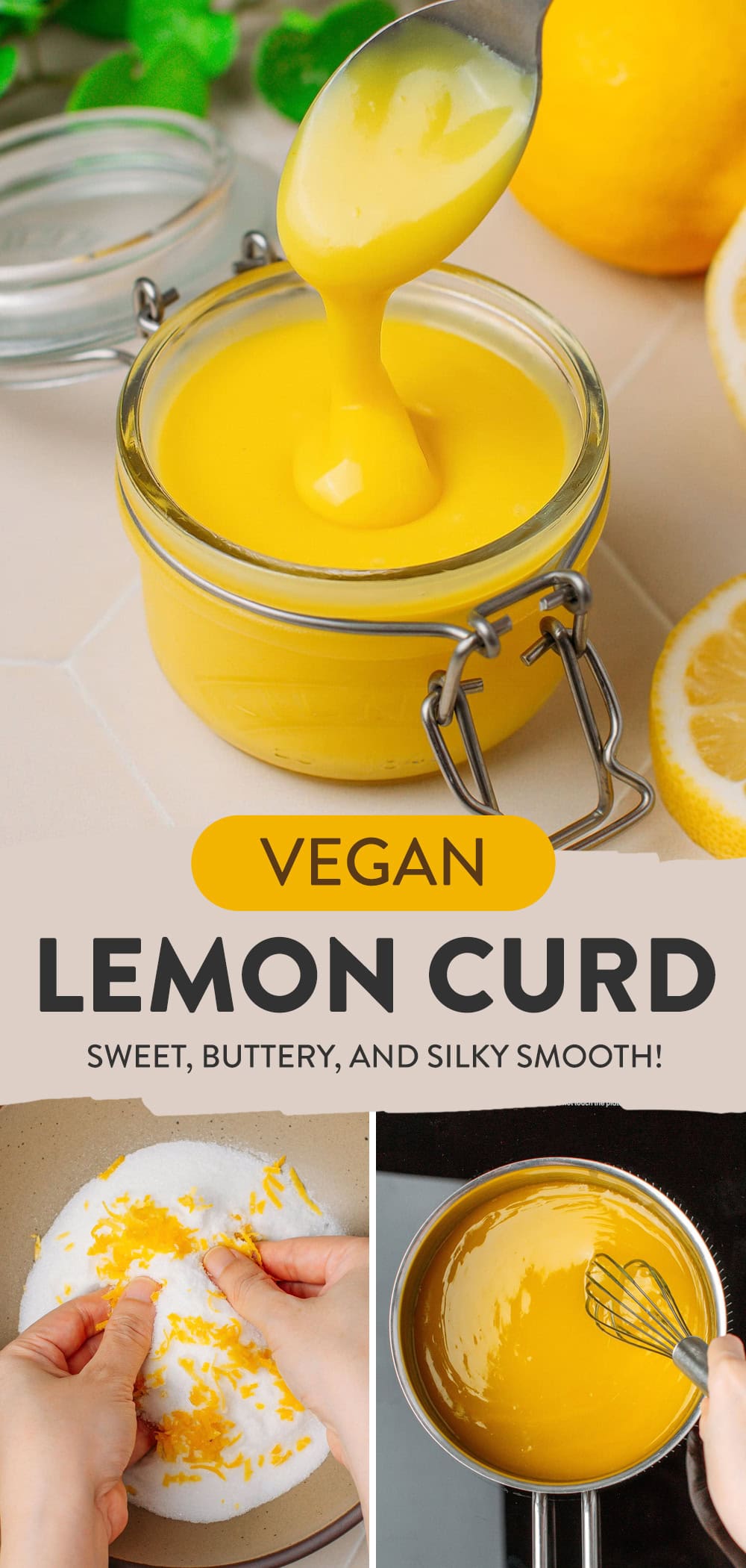 Lemon curd dripping from a spoon into a glass jar.