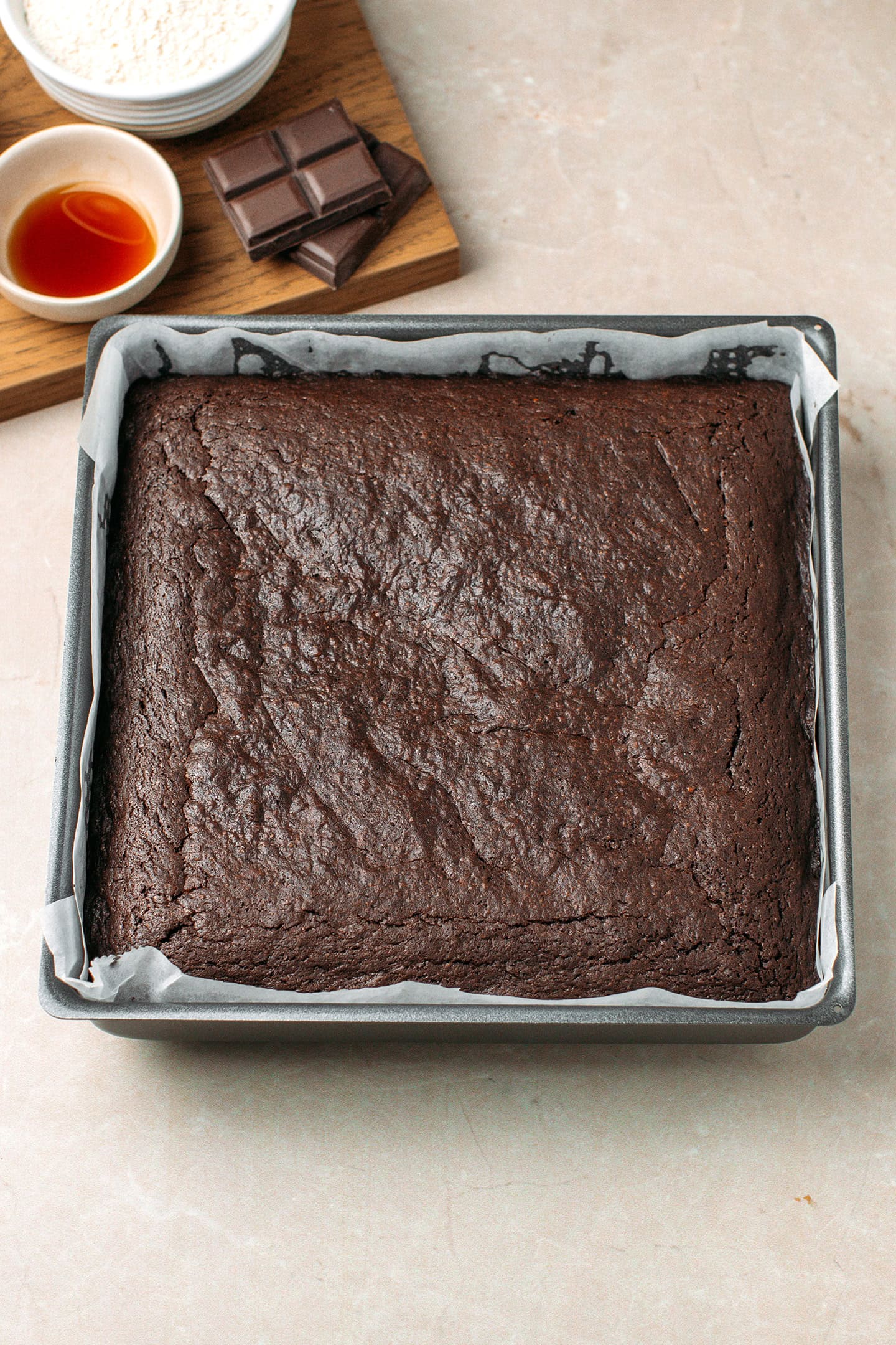 Baked brownies in a pan.